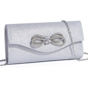 Women's Silver Glitter Crystal Bow Evening Unique Luxury Flap Clutch Handbag